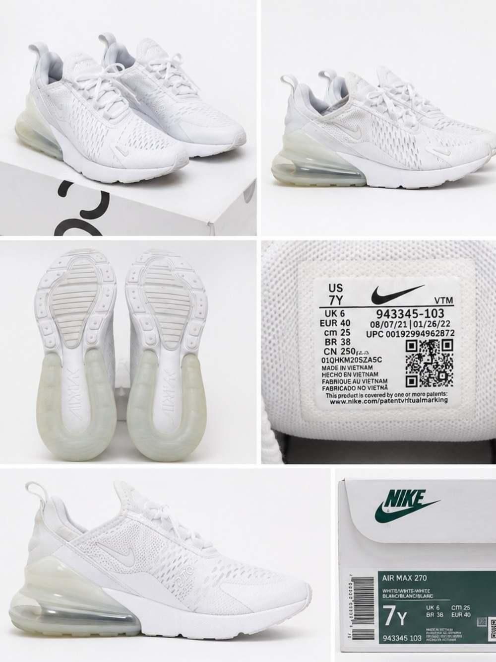 Nike Air Max 270 Triple White Sneakers Women’s 8.5 / Youth 7Y